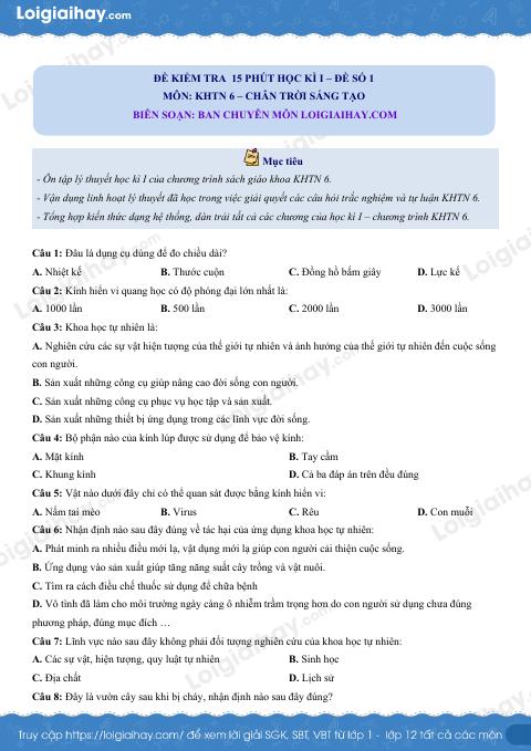 Đề kiểm tra 15 phút hk1 - đề số 1 Khoa học tự nhiên 6 có lời giải chi tiết